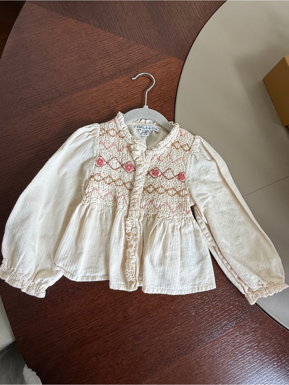 Emile et Ida Cream Smocked Blouse with Pink Embroidery